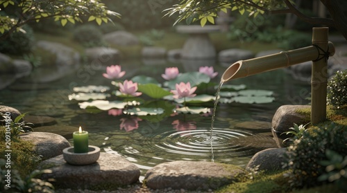 A tranquil Japanese garden pond with blooming lotus flowers, flowing bamboo water spout, and a lit candle creating a serene atmosphere.