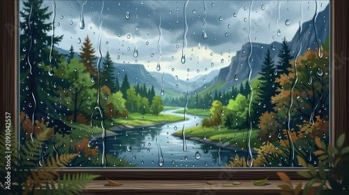 Scenic mountain valley river landscape viewed through a rainy window pane.