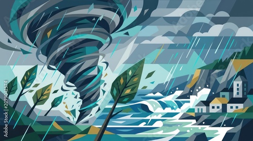 Stylized illustration of a powerful tornado hitting a coastal village during a storm.