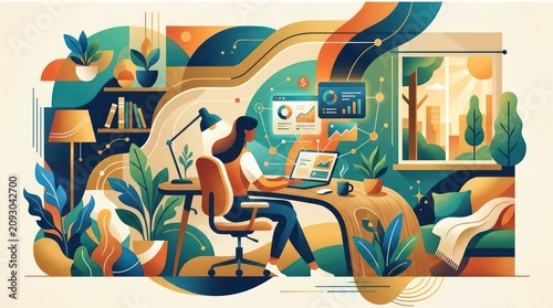 Abstract illustration of a woman working remotely in a colorful home office environment.