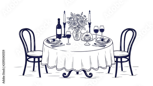 Foto Romantic dinner table setting, elegant hand-drawn vector illustration, intimate dining experience, fine restaurant meal for two, special occasion celebration graphic asset