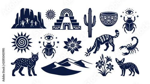 Photos Southwestern desert vector icon collection, featuring Aztec pyramid, saguaro cactus, wild animals, and celestial symbols