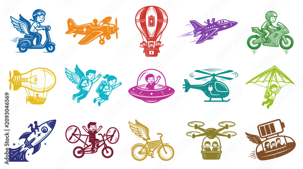 Fototapeta premium Childhood Dreams and Future Transportation Icons: Imagination, Flying Vehicles, and Innovation Line Art