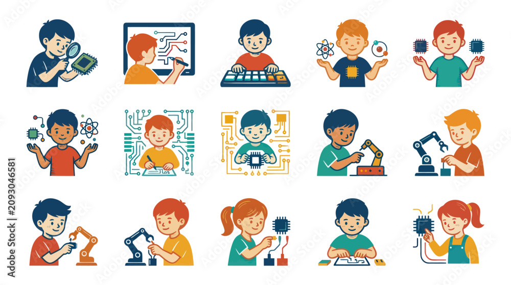 Fototapeta premium Children Engaging in STEM Technology and Robotics Education - Flat Vector Illustration Set