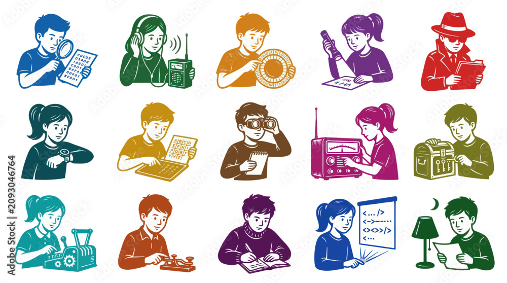 Obraz premium Children Teens Solving Mysteries, Exploring Tech Learning - Colorful Line Art Vector Illustrations