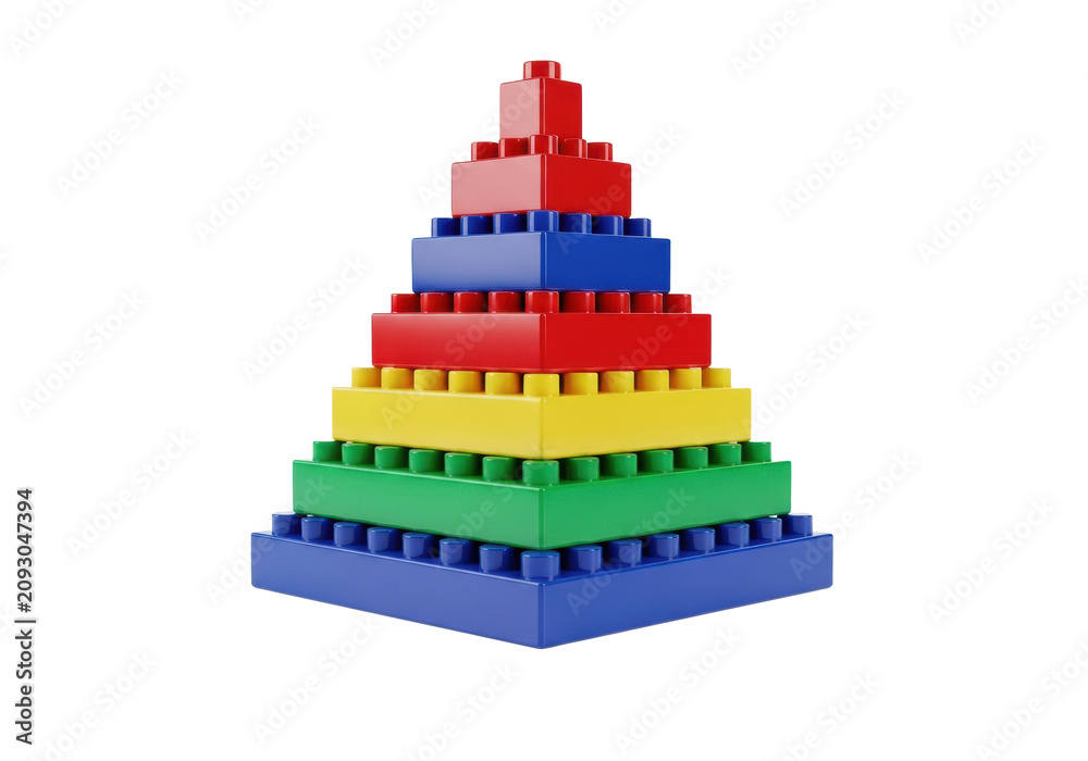 Obraz premium precisely constructed pyramid tower of primary colored, glossy interlocking plastic bricks against an immaculate transparent studio background with soft reflections. concept of precision and