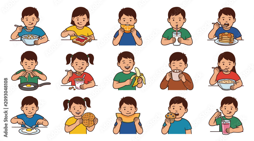 Fototapeta premium Children Eating Various Breakfast Foods - Flat Illustration Vector