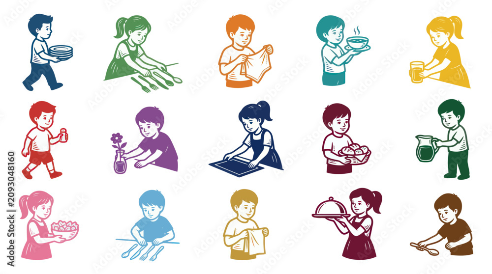 Obraz premium Stylized Line Art Illustration of Children Doing Household Chores - Domestic Life Education Vector Set