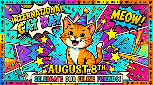 International Cat Day Banner Vector Illustration with Cute Orange Kitten in Pop Art Style for August 8th Feline Celebration