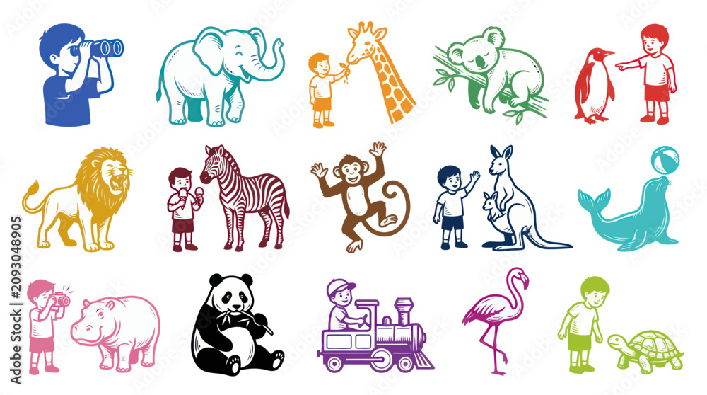Obraz premium Cute Cartoon Zoo Animals and Children Vector Set