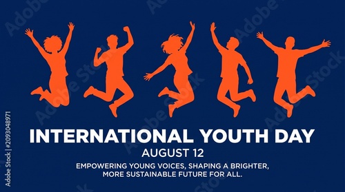International Youth Day Vector Banner with Jumping Happy People Silhouettes for August 12, Empowering Young Voices Concept Poster