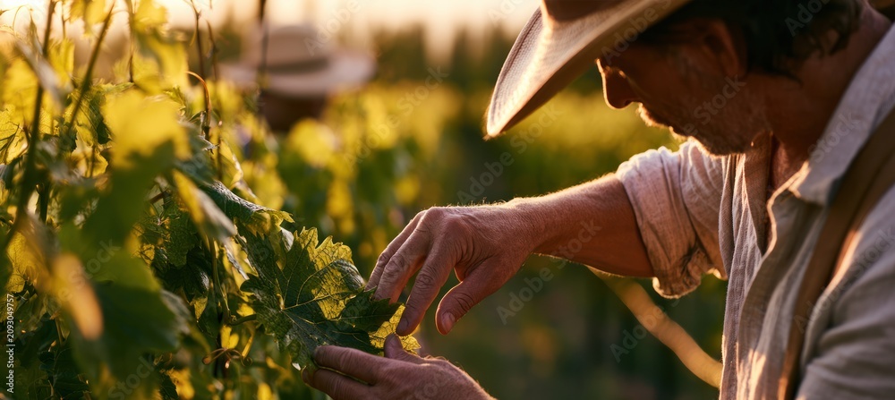 Obraz premium Male farmer examines grapevine leaves in vineyard during sunset, agricultural landscape background
