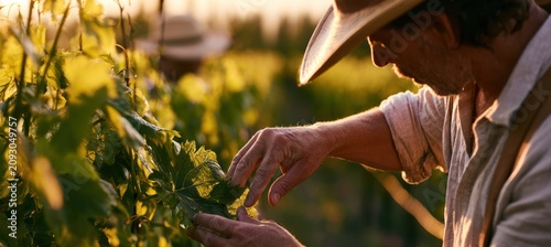 Male farmer examines grapevine leaves in vineyard during sunset, agricultural landscape background
