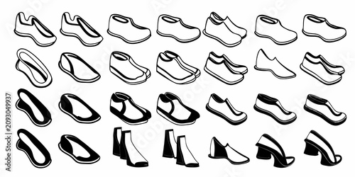Fotografie diverse shoe and footwear icon set displayed in black and white vector style sne