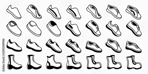 Photos diverse shoe and footwear icon set displayed in black and white line art sneaker