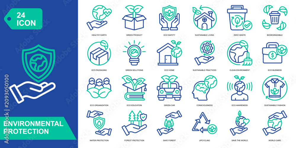 Fototapeta premium Environmental Protection icon collection set. Healthy Earth,Green Product,Eco Safety,Sustainable Living. Line Color Vector Icons