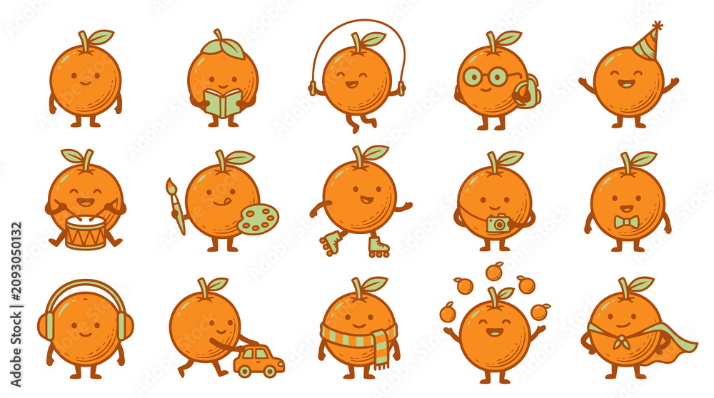 Fototapeta premium Cute Oranges with Happy Faces in Various Activities - Cartoon Vector Illustration