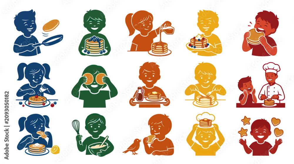 Obraz premium Cheerful Kids and Pancakes Glyph Illustrations: Breakfast Cooking, Eating, and Joyful Moments Vector Set