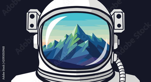 Foto Astronaut helmet reflecting a colorful mountain landscape.