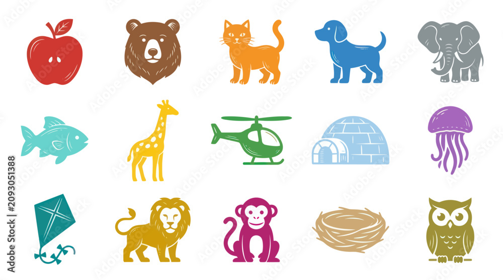 Obraz premium Early Childhood Education Flat Glyphs: Colorful Animals and Objects for Kids Learning Alphabet Vocabulary