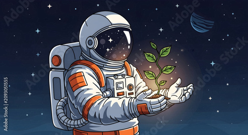 Bild auf Leinwand Astronaut holding a small plant in space with stars and a planet.