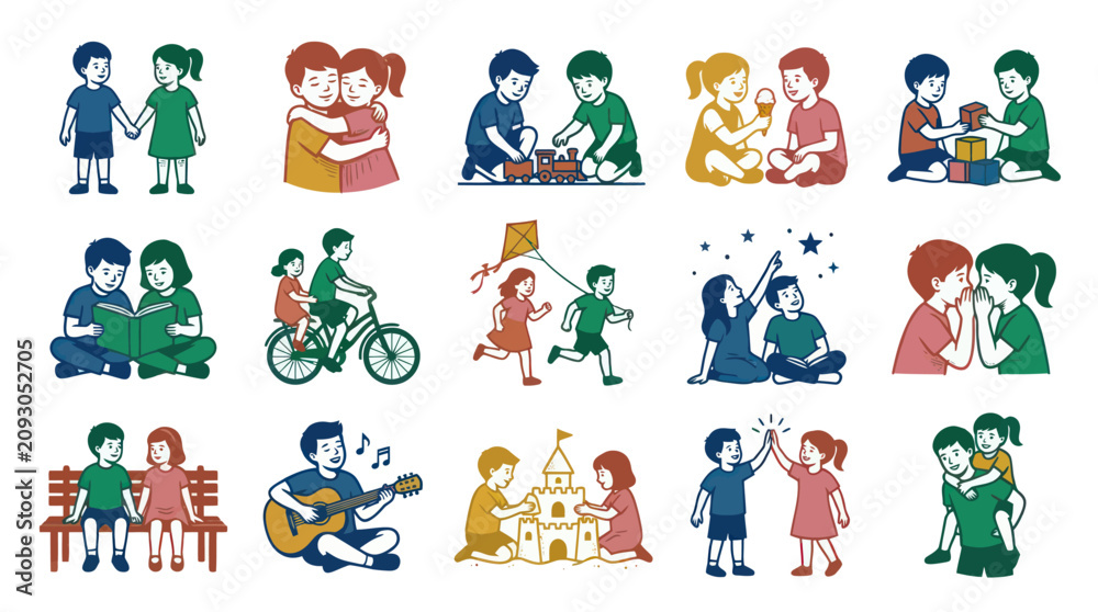 Fototapeta premium Happy Children Playing, Learning, and Friendships Flat Line Art Vector Illustrations Set