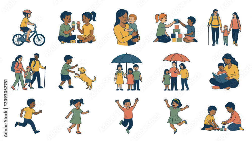 Fototapeta premium Diverse People Family Kids Activities Outdoors Nature Sports Education Flat Vector Icons