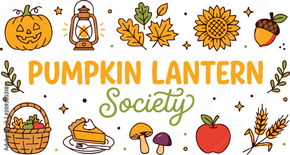Fototapeta premium Autumn harvest illustration with pumpkins lanterns and fall foliage