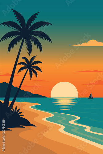Tropical Beach Sunset With Palm Trees