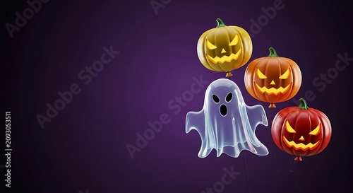 Halloween balloons with jack o lantern faces and a floating ghost over dark purple background, 3d rendered image for party decoration and celebration.