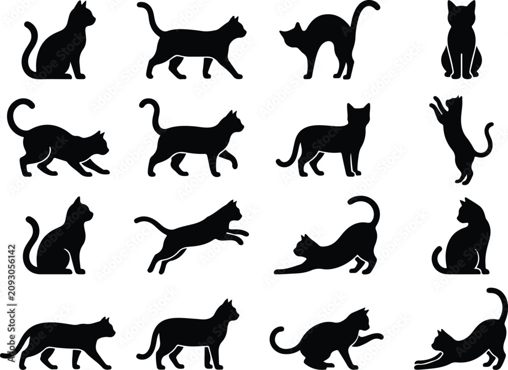 Fototapeta premium Black cat silhouettes collection diverse poses and activities