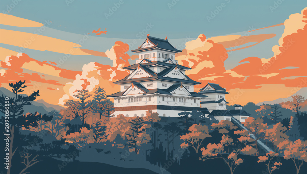 Obraz premium 夕焼けの日本城を描いた観光ポスター風イラスト
