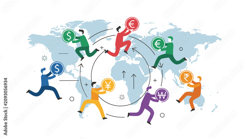 Fototapeta premium Group of diverse people running around the globe holding international currency symbols representing global money transfer.