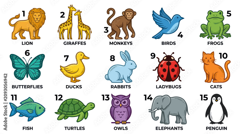 Obraz premium Educational Flat Design Animal Collection. Cute Cartoon Wildlife Set with Names and Numbers for Kids Learning