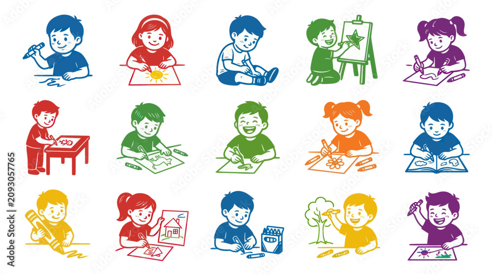 Obraz premium Diverse Happy Children Drawing, Painting, and Learning in Colorful Line Art Style - Childhood Education Vector Illustration