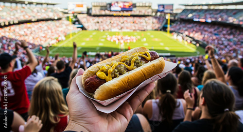 Fan holds a classic hot dog with mustard and relish, cheering at a vibrant stadium sports game.