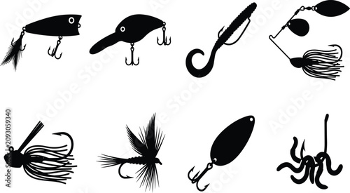 Tableau sur toile Fishing lures and bait silhouettes set featuring crankbait popper fly fishing ar