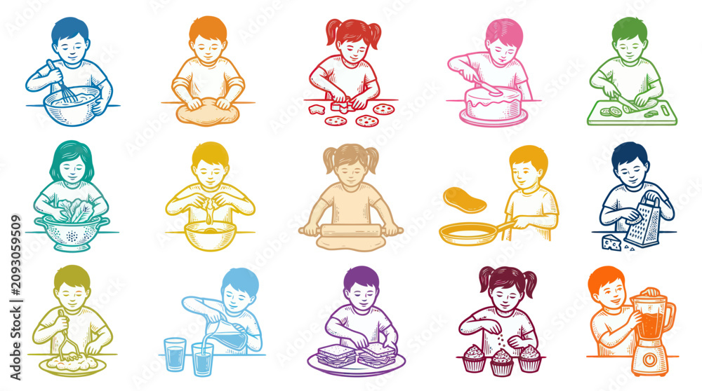 Obraz premium Kids Cooking and Baking Food Preparation Activities Vector Line Art with Flat Colors Set