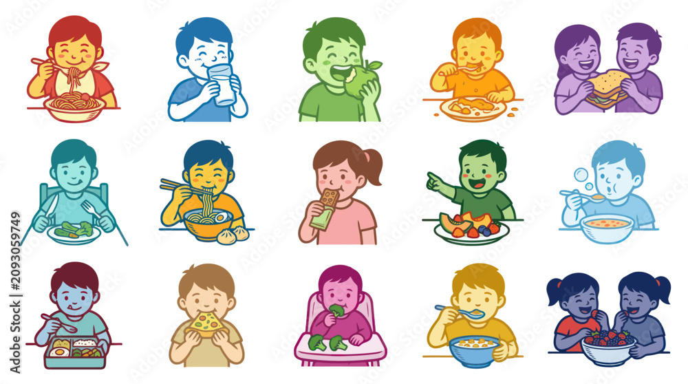 Obraz premium Happy Cartoon Children Eating Healthy Meals and Snacks. Flat Vector Illustration Set for Kids Food Nutrition.