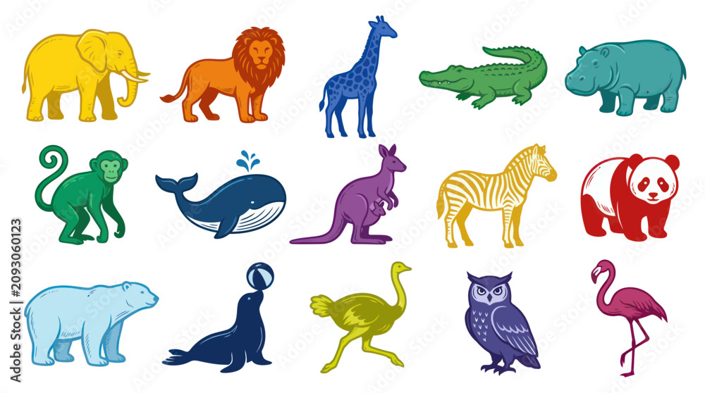 Obraz premium Flat Style Zoo Animals Vector Illustration - Cute Wildlife Collection