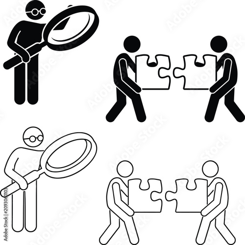 Fotografía Stick figures examining puzzle pieces with magnifying glass in white and black v