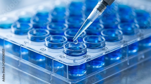 Laboratory researcher filling multiwell plate with blue reagent using precision micropipette for scientific analysis laboratory research experiment