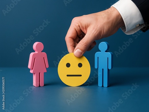 Hand placing neutral emotion face between male and female figures for gender neutrality and identity concept
