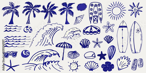 Fotografie hand drawn blue summer beach doodles on white background palm tree surfboard sta