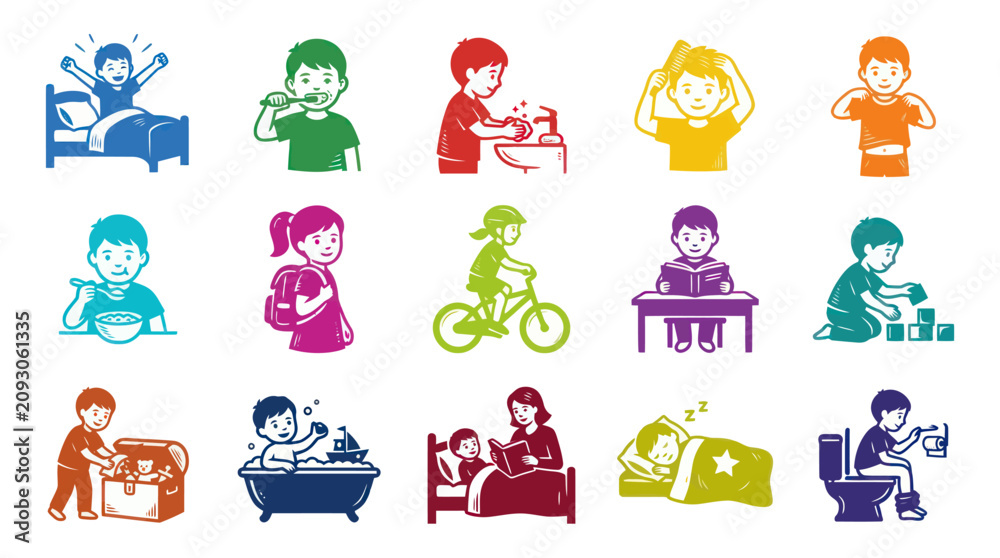 Fototapeta premium Kids Daily Routine Activities Flat Vector Icon Set for Early Childhood Education and Parenting Lifestyle