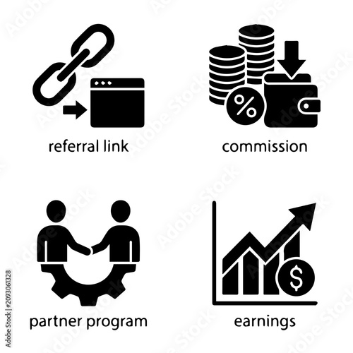 Affiliate marketing and partner program business icon set with affiliate