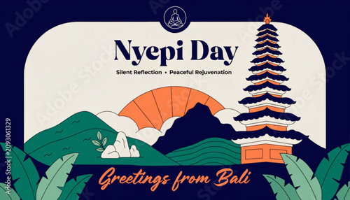 Nyepi Day, Bali Greeting Card, Indonesian Holiday, Cultural Vector Illustration