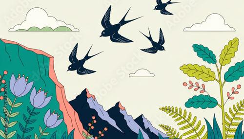 Whimsical mountain landscape, flying birds, colorful flora, nature scenery, vector illustration