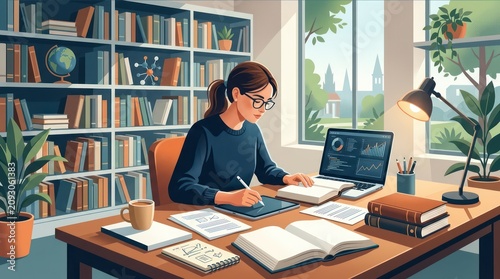 Young woman studying at a desk in a library with books and laptop.