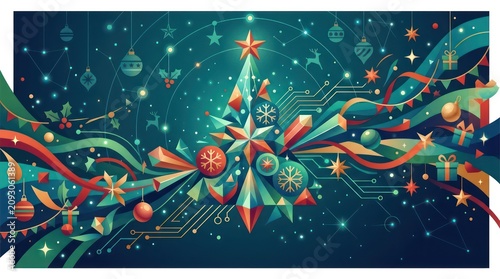 Abstract Christmas tree illustration with glowing ornaments and festive ribbons on a dark background.
